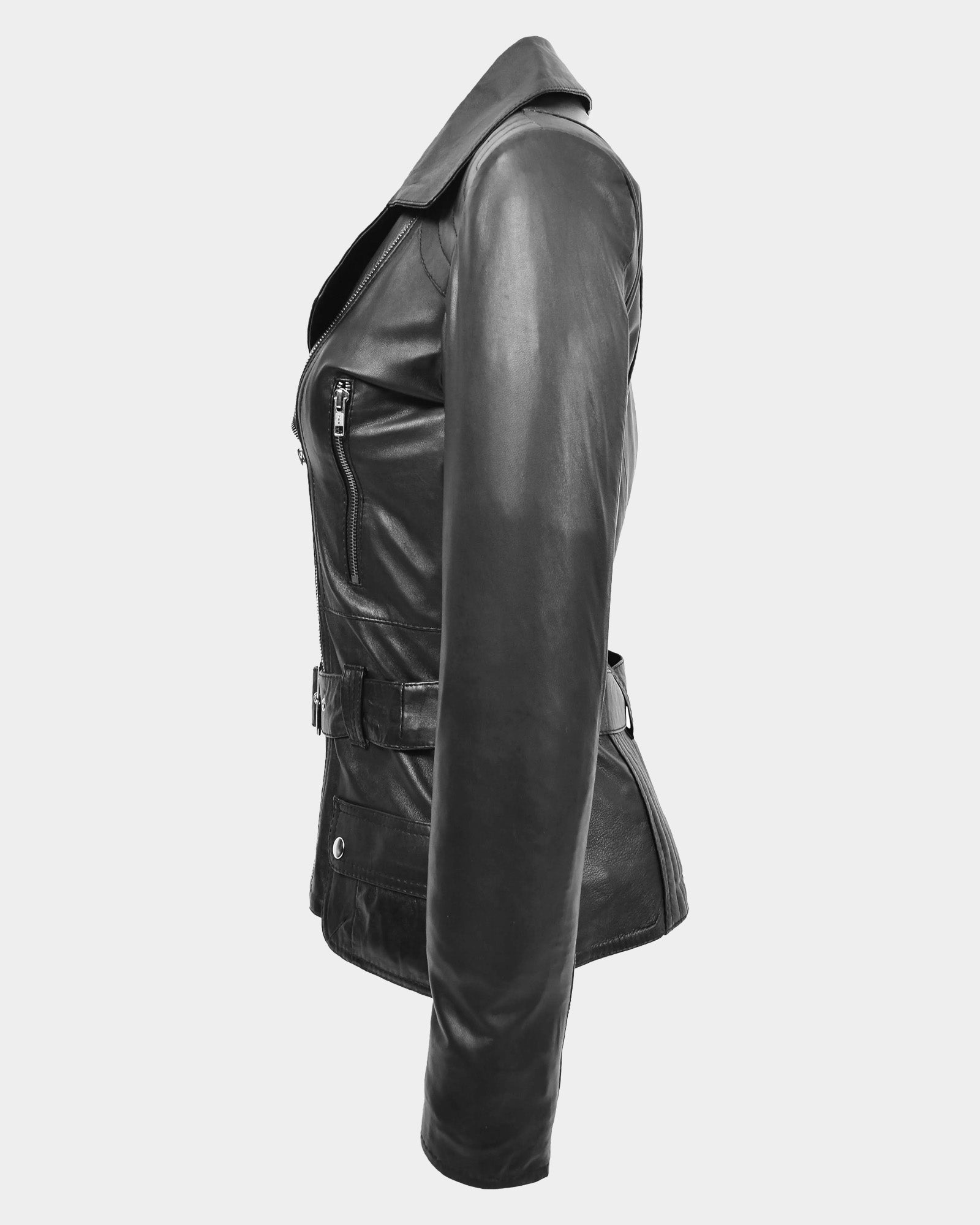 Womens Leather Hip Length Biker Jacket Celia Nova Black
