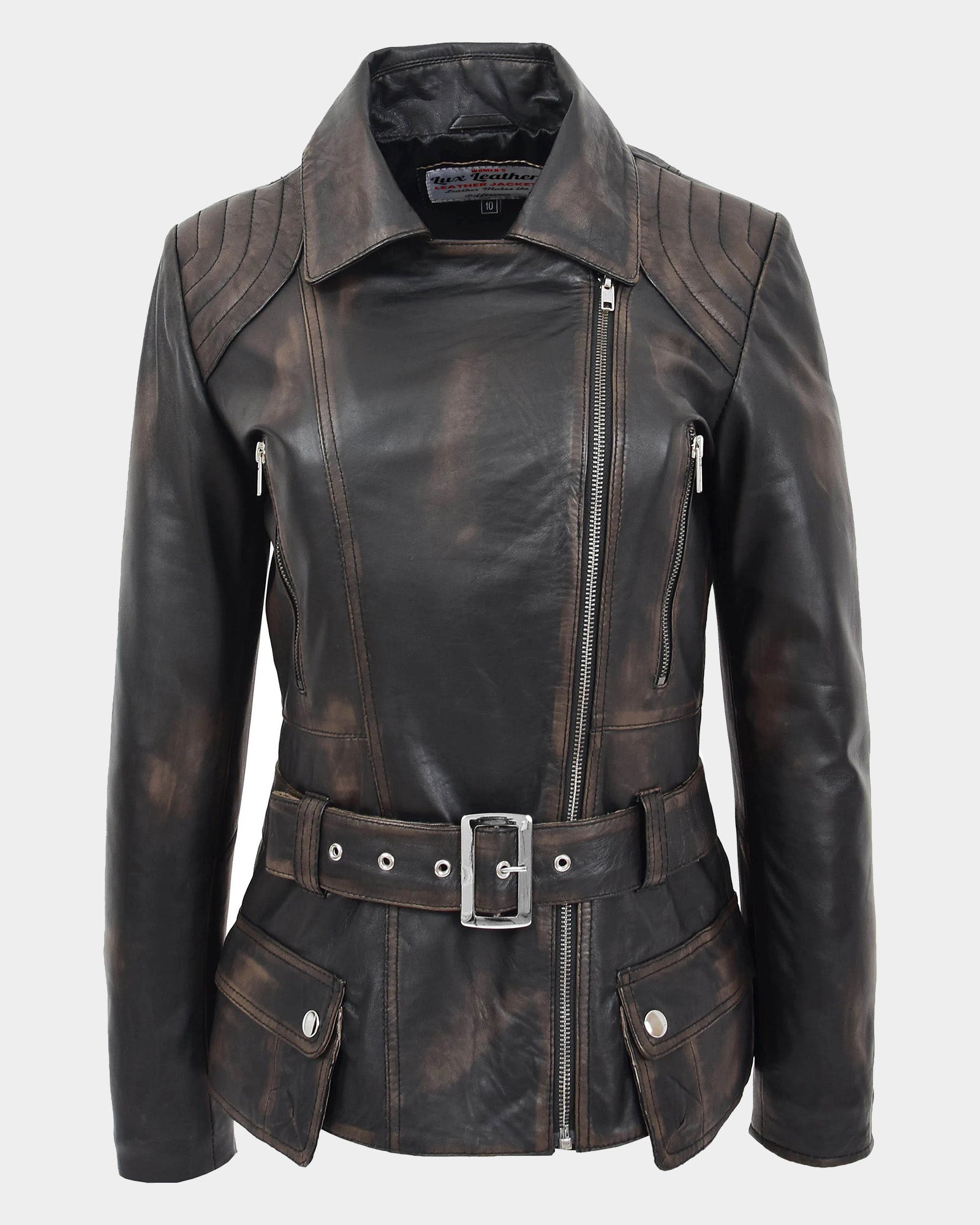 Womens Leather Hip Length Biker Jacket Celia Paradox Rub Off