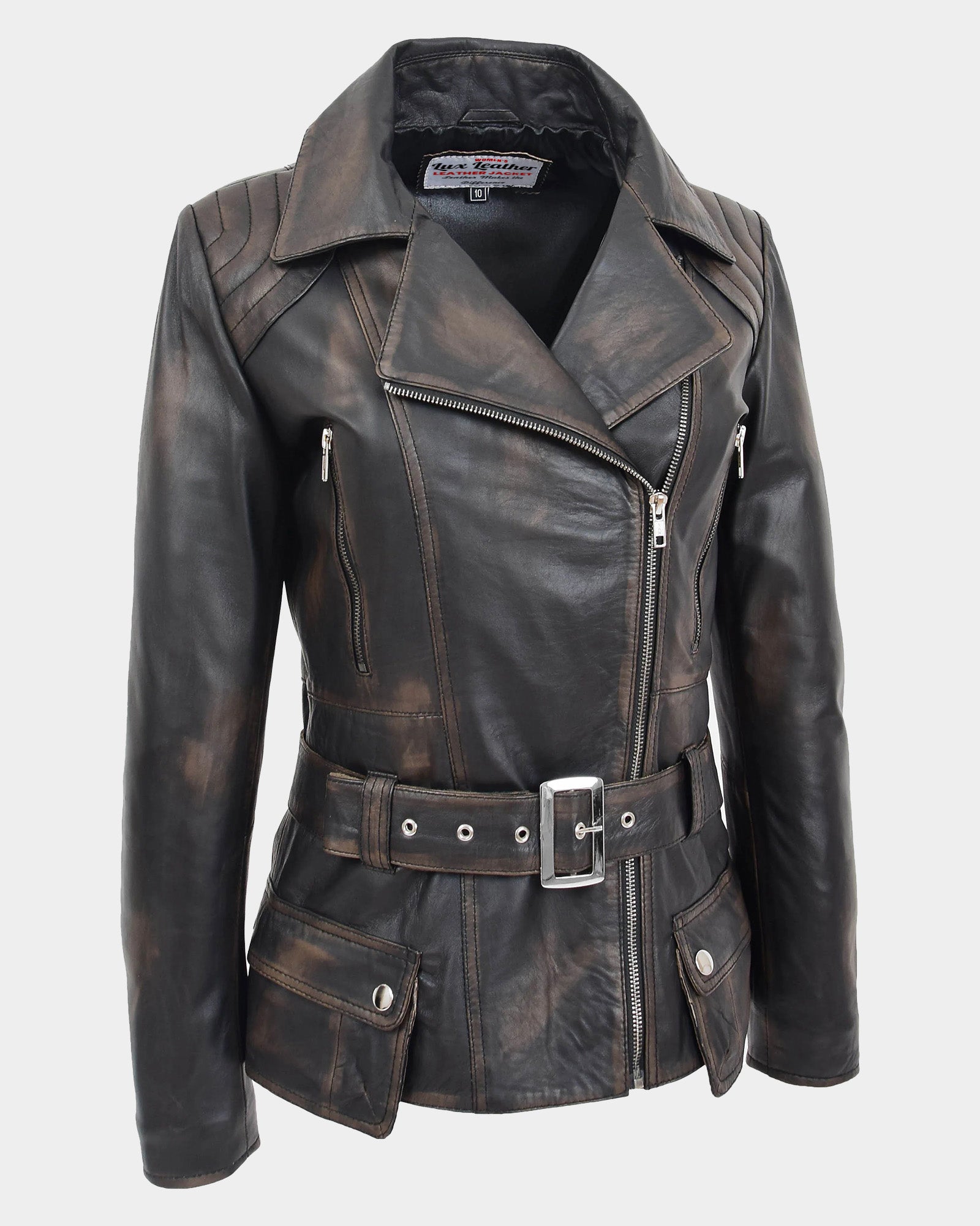 Womens Leather Hip Length Biker Jacket Celia Paradox Rub Off