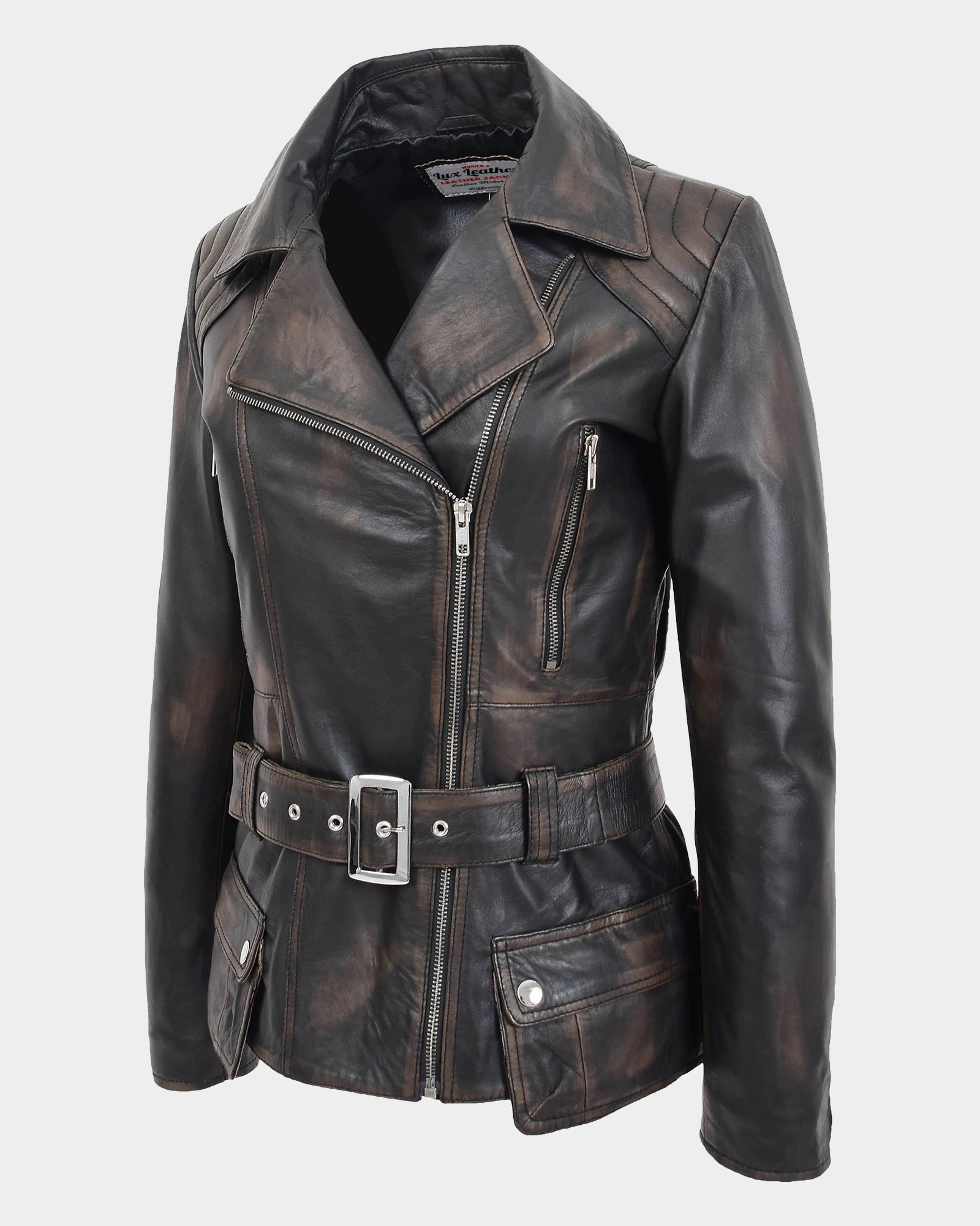 Womens Leather Hip Length Biker Jacket Celia Paradox Rub Off