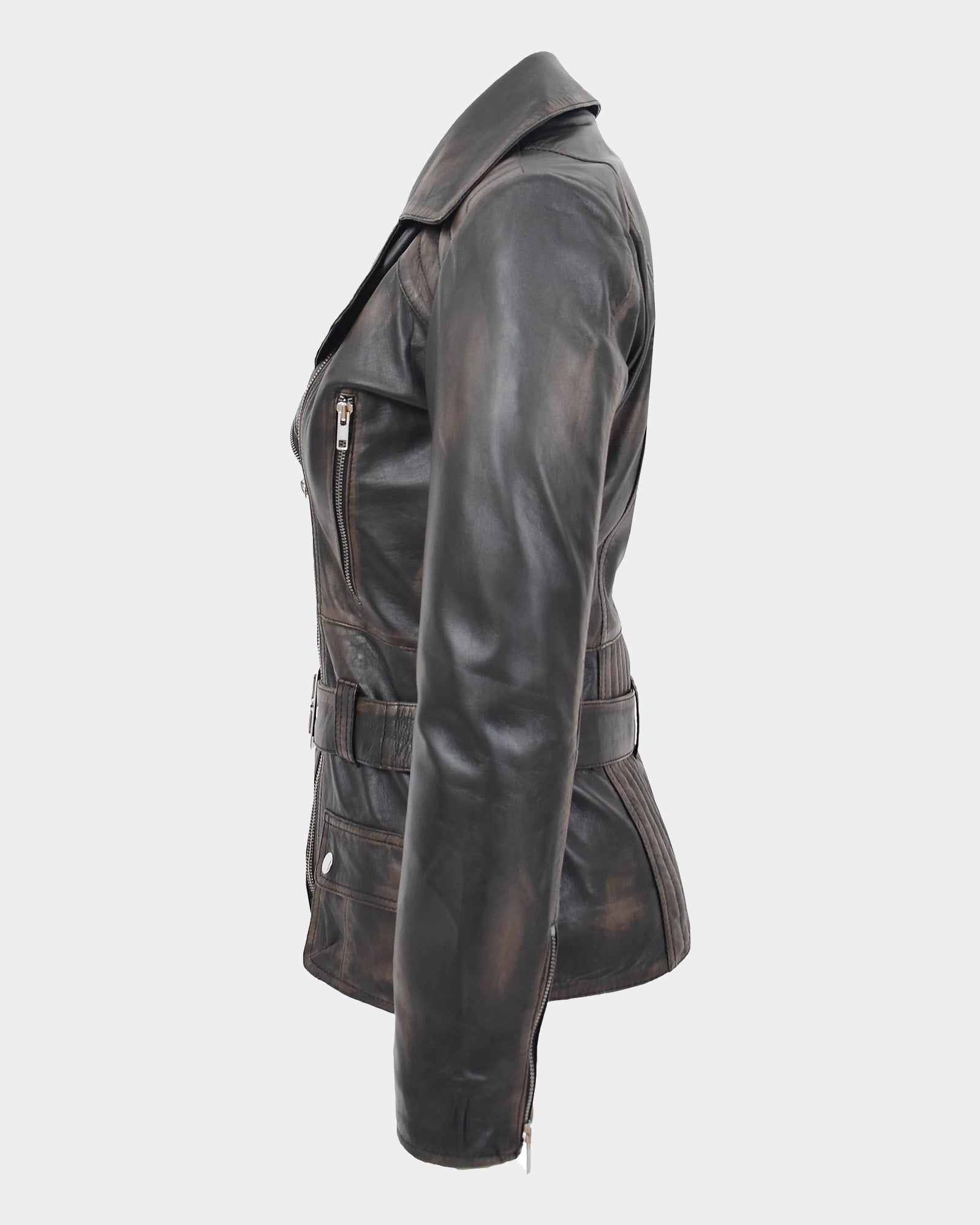 Womens Leather Hip Length Biker Jacket Celia Paradox Rub Off