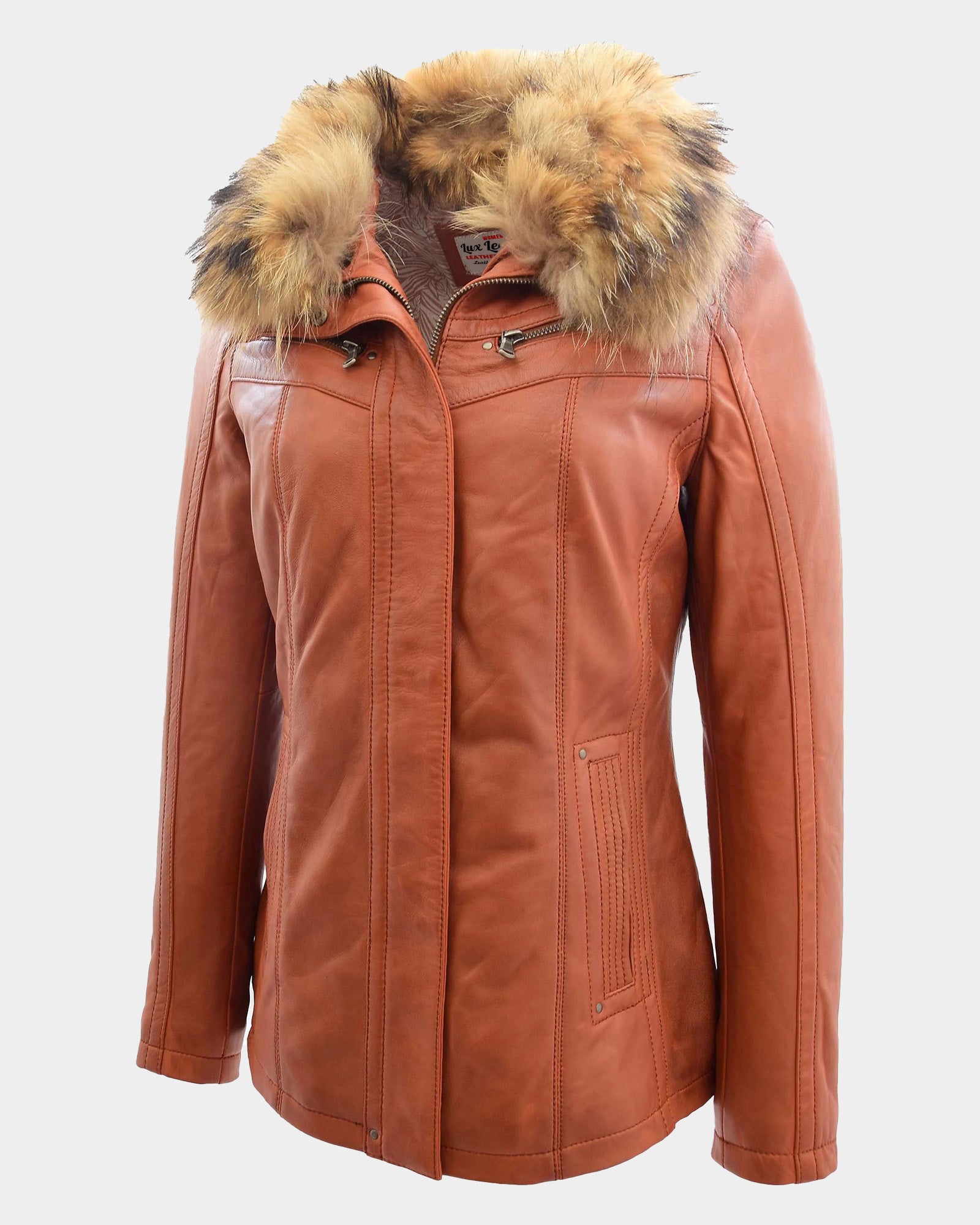 Womens Leather Jacket with Detachable Collar Dalia Clestial Cognac