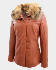 Womens Leather Jacket with Detachable Collar Dalia Clestial Cognac