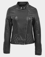 Womens Leather Stand-Up Collar Biker Jacket Laura Nova Black