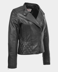 Womens Leather Stand-Up Collar Biker Jacket Laura Nova Black
