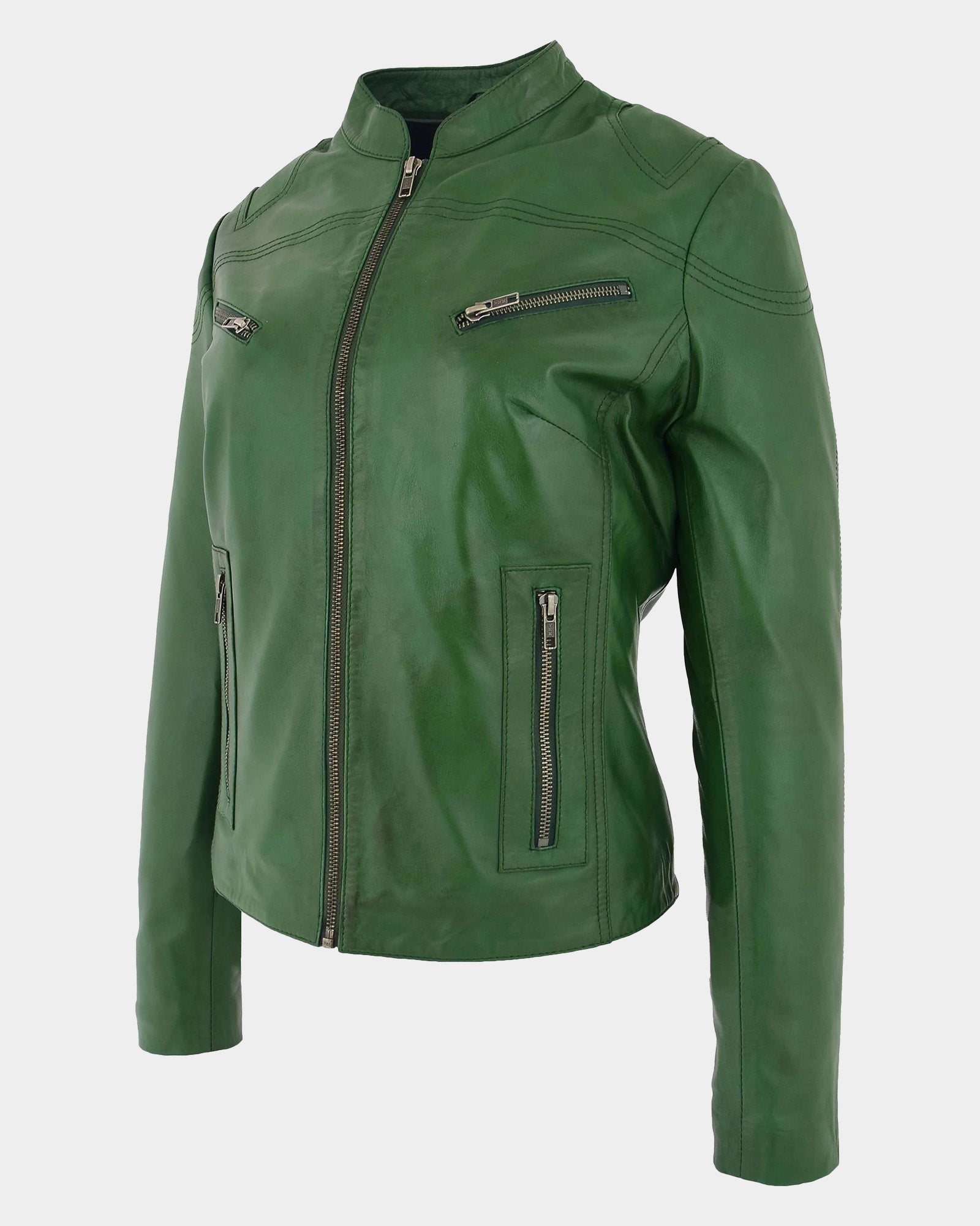 Womens Leather Standing Collar Jacket Becky Aurora Green
