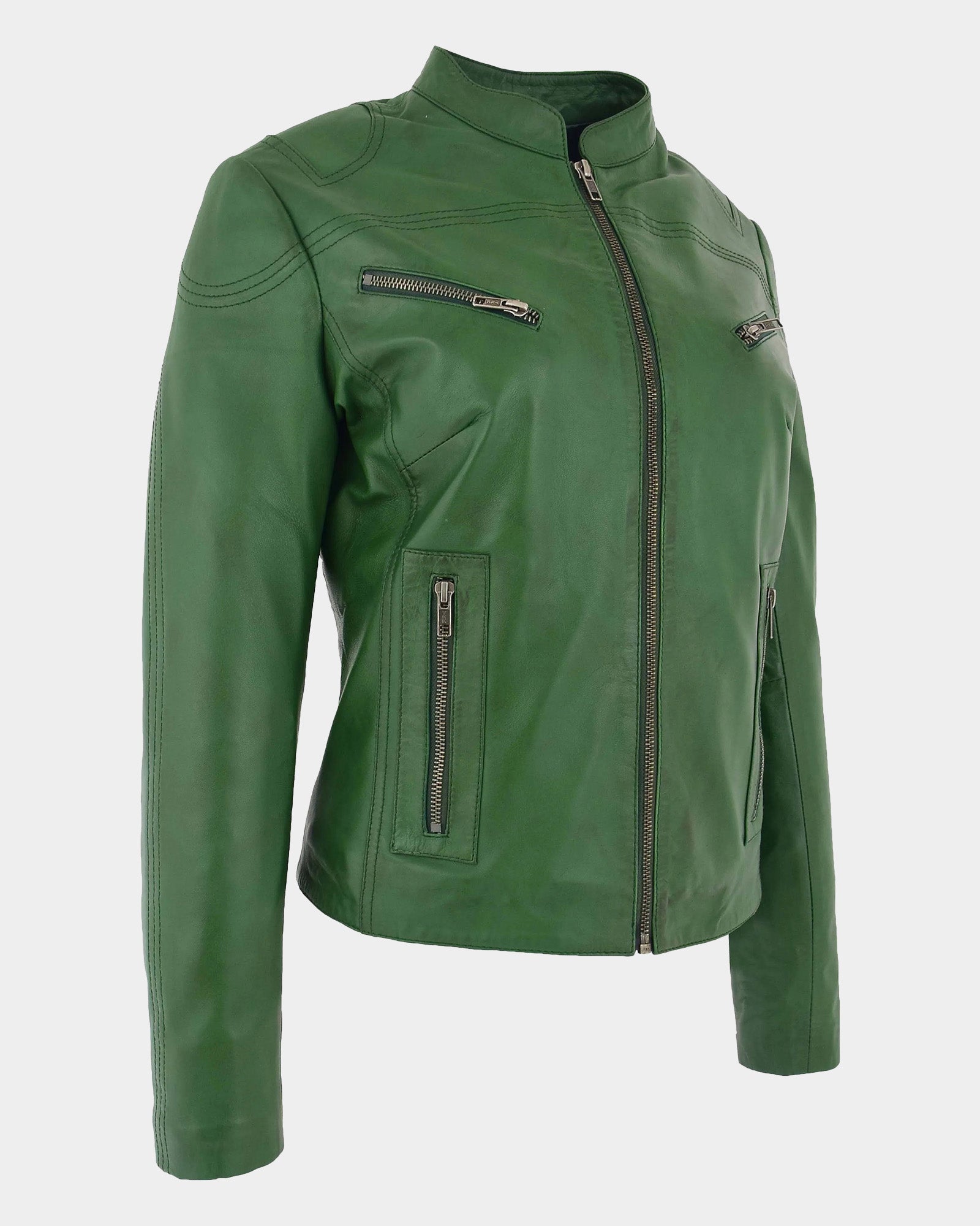 Womens Leather Standing Collar Jacket Becky Aurora Green