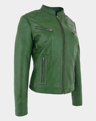 Womens Leather Standing Collar Jacket Becky Aurora Green