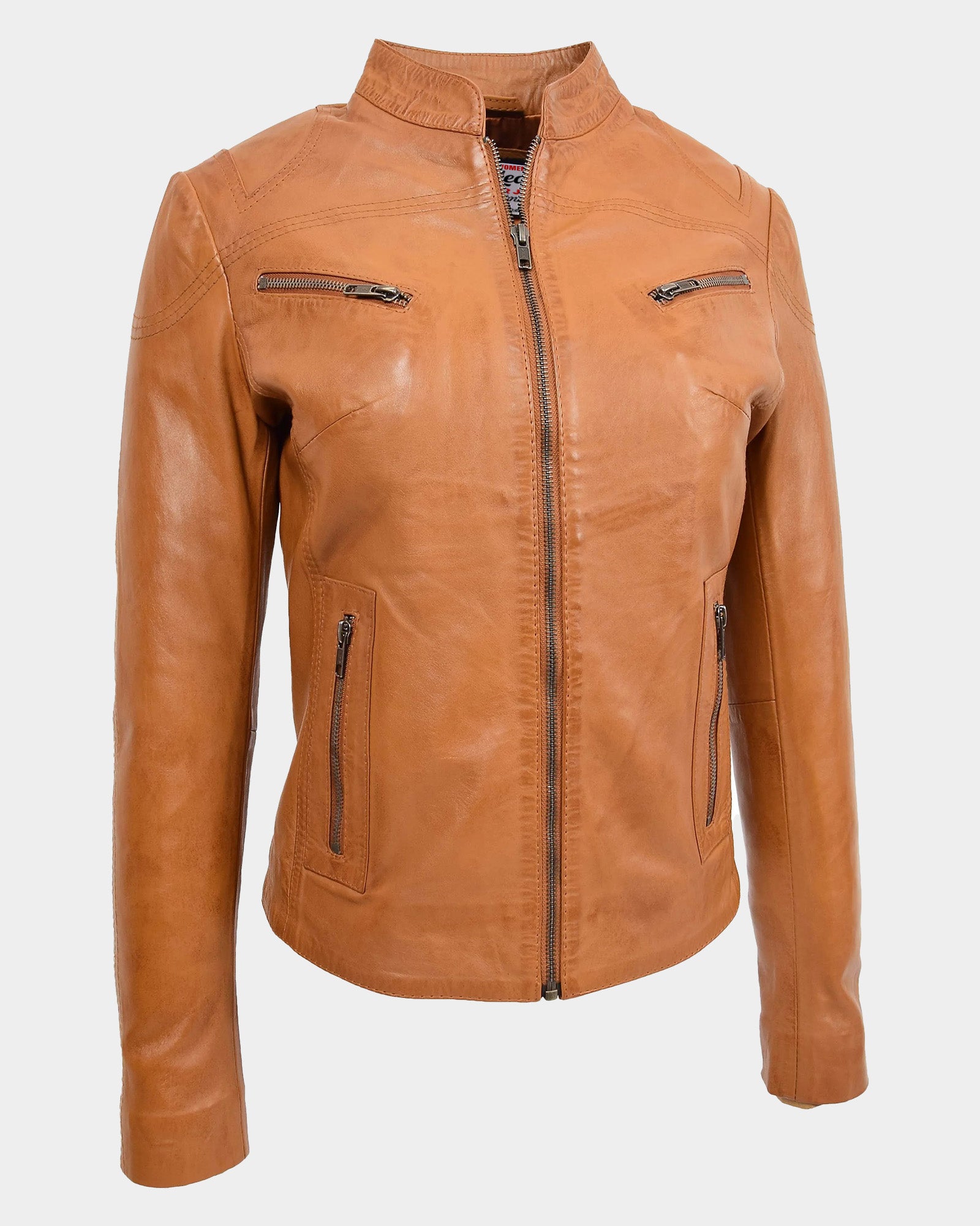 Womens Leather Standing Collar Jacket Becky Dynamo Tan