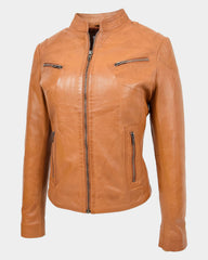 Womens Leather Standing Collar Jacket Becky Dynamo Tan