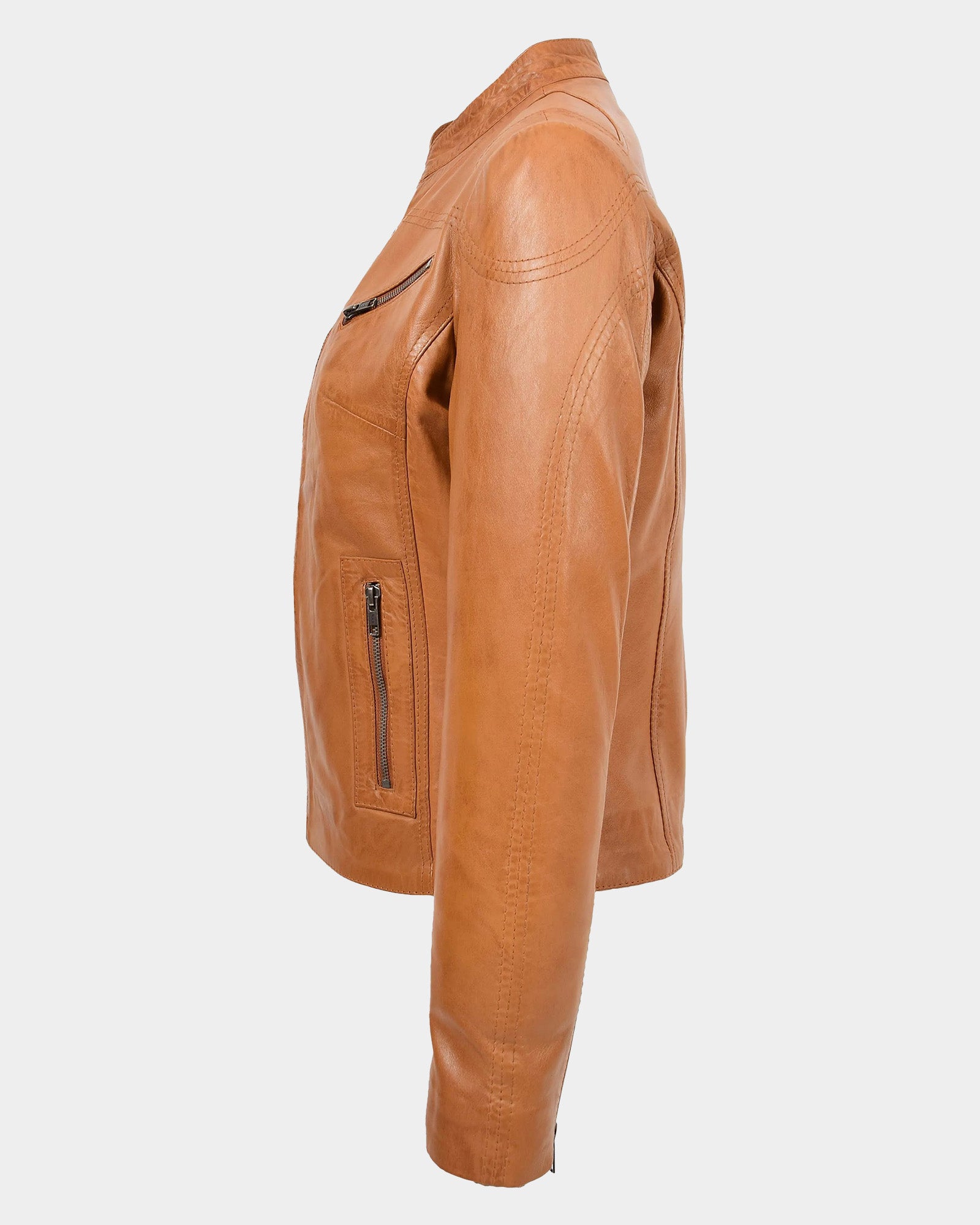 Womens Leather Standing Collar Jacket Becky Dynamo Tan