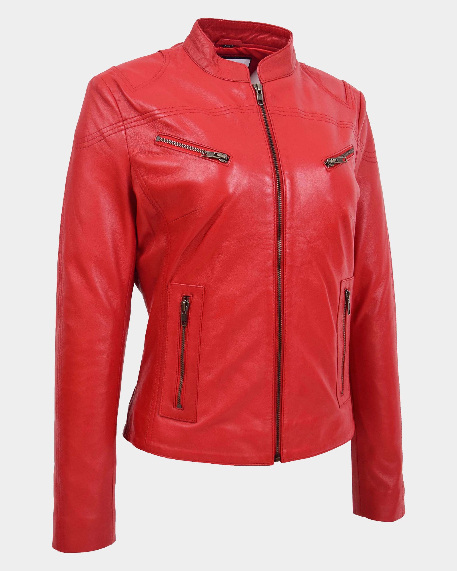 Womens Leather Standing Collar Jacket Becky Ignite Candy Red
