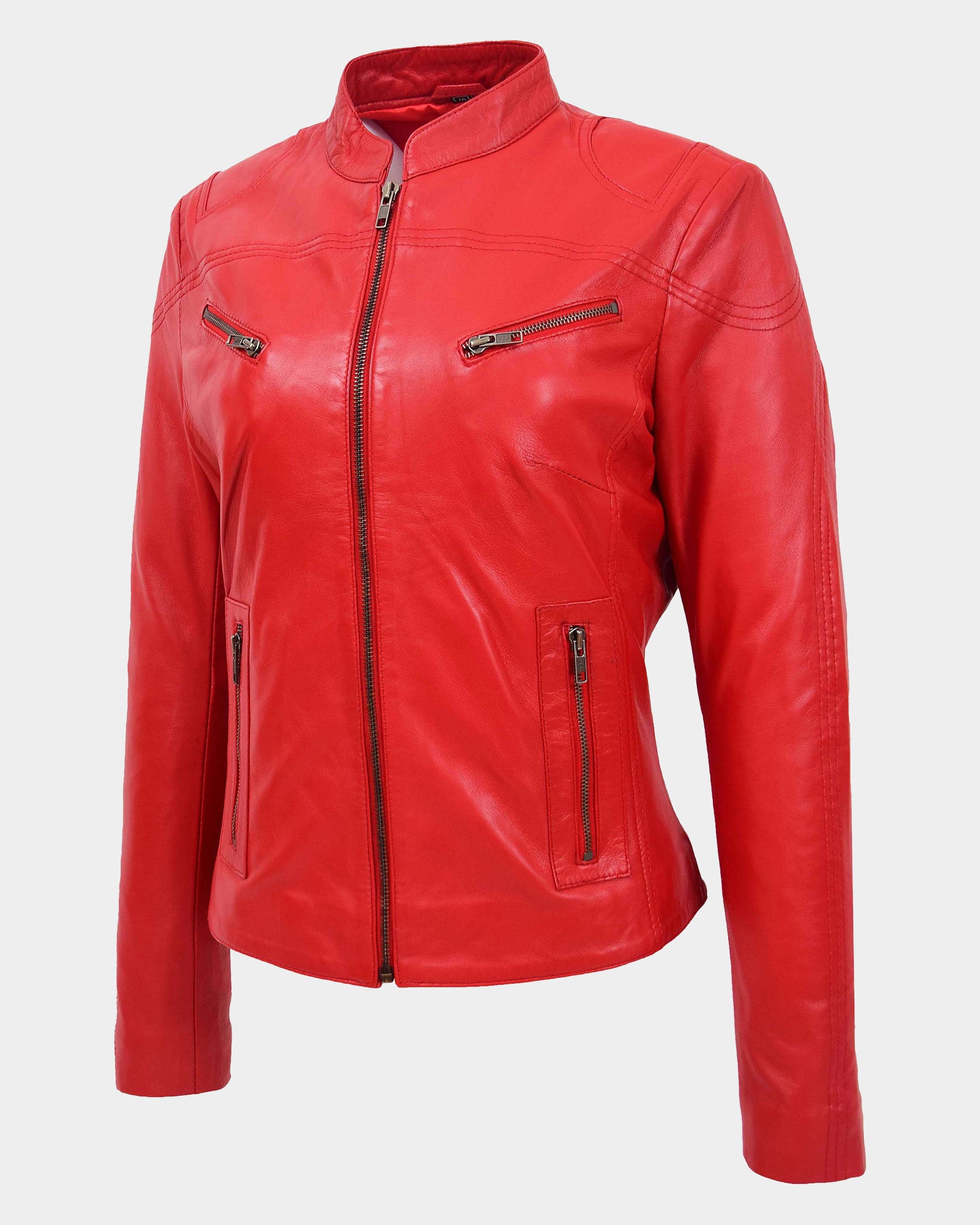 Womens Leather Standing Collar Jacket Becky Ignite Candy Red