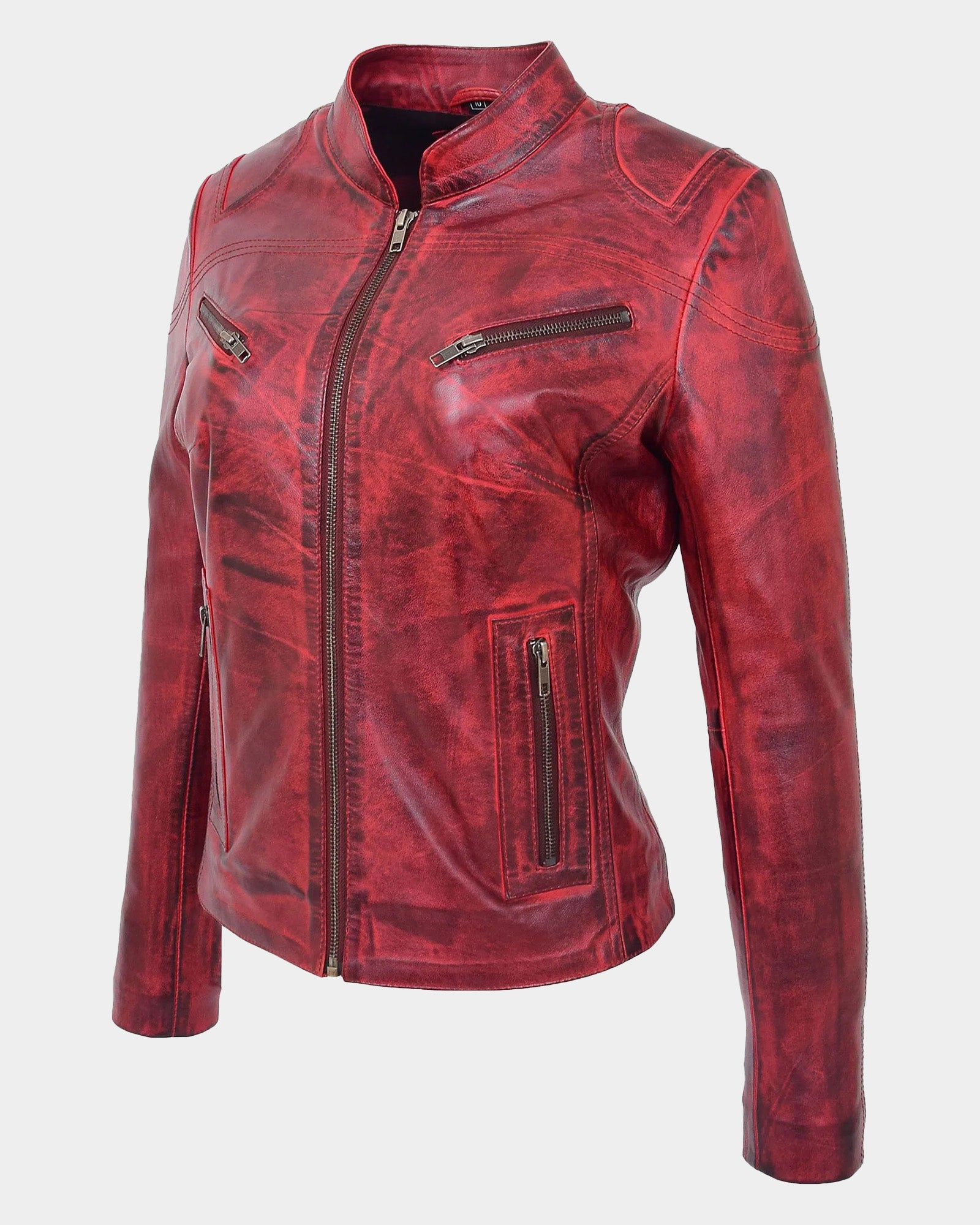 Womens Leather Standing Collar Jacket Becky Ignite Red