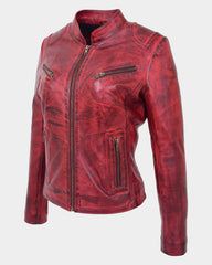 Womens Leather Standing Collar Jacket Becky Ignite Red