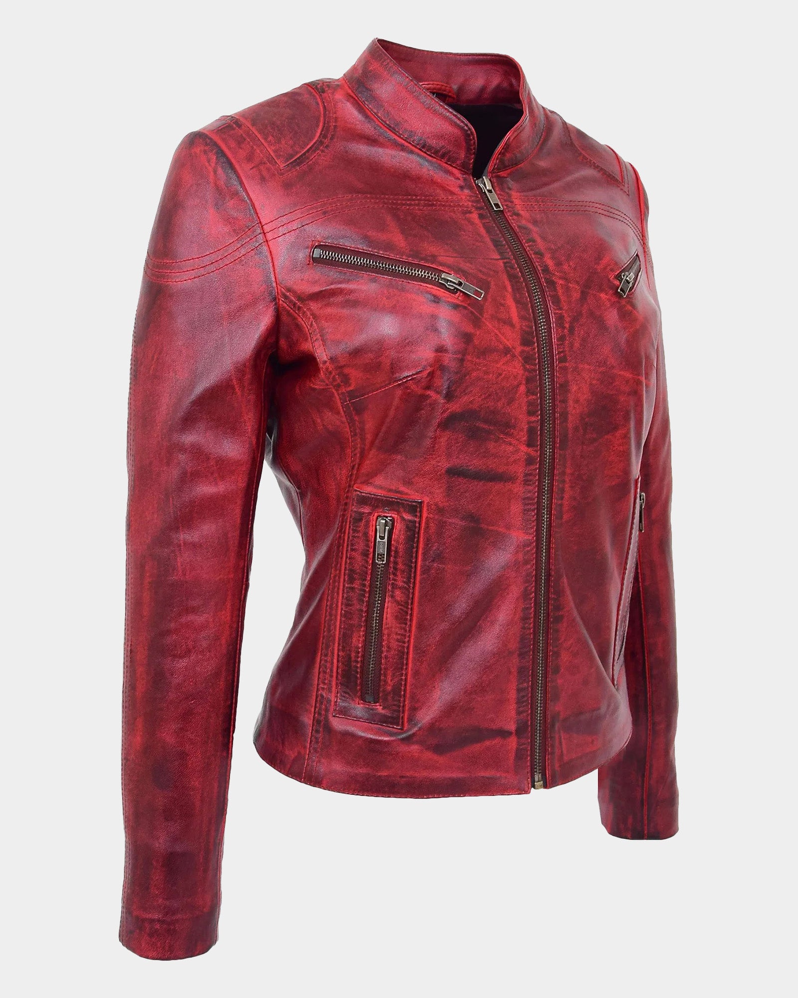 Womens Leather Standing Collar Jacket Becky Ignite Red
