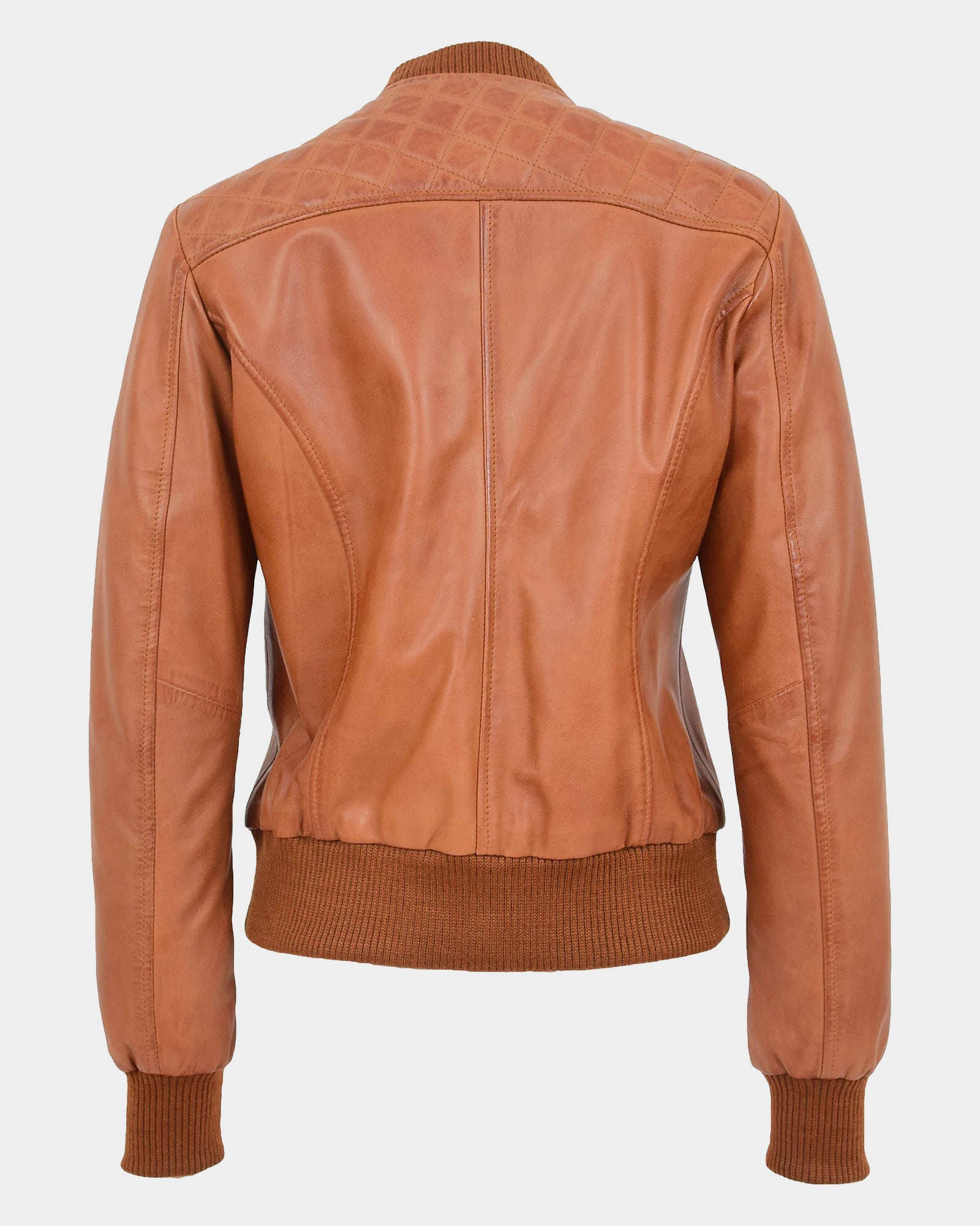 Womens Leather Varsity Quilted Bomber Jacket Dynamo Tan