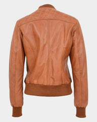 Womens Leather Varsity Quilted Bomber Jacket Dynamo Tan