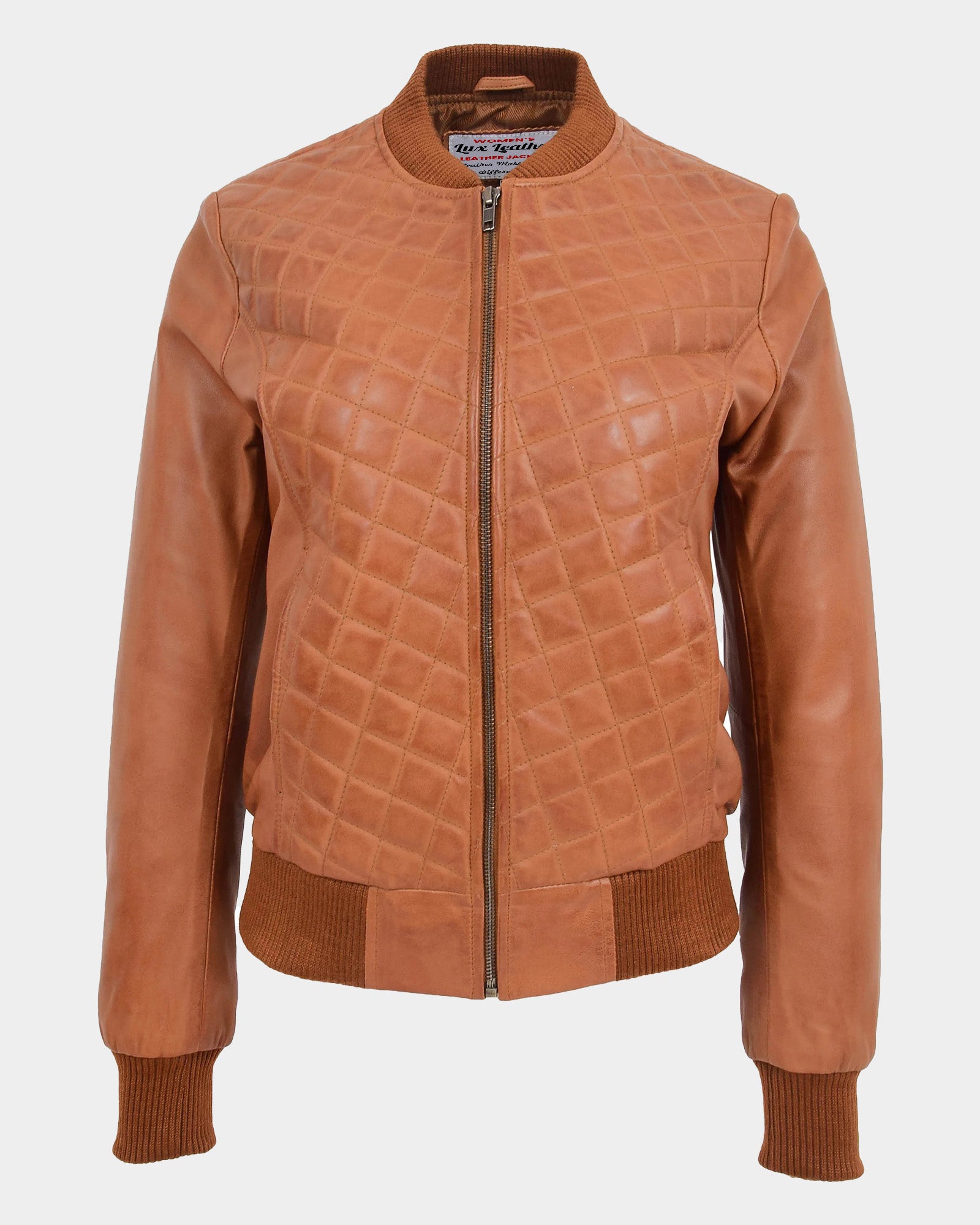 Womens Leather Varsity Quilted Bomber Jacket Dynamo Tan