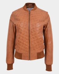 Womens Leather Varsity Quilted Bomber Jacket Dynamo Tan