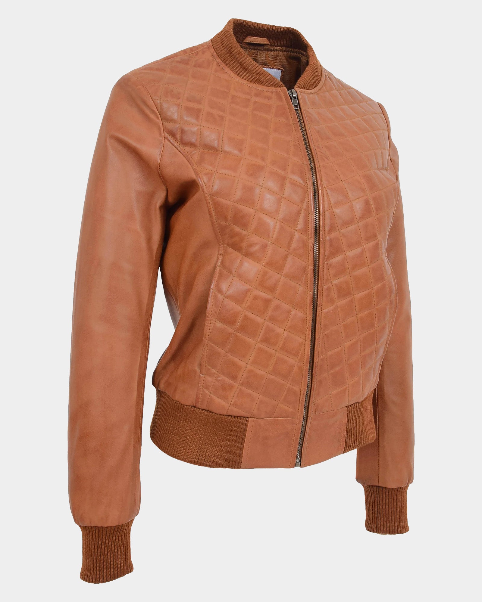 Womens Leather Varsity Quilted Bomber Jacket Dynamo Tan