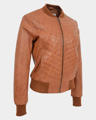 Womens Leather Varsity Quilted Bomber Jacket Dynamo Tan