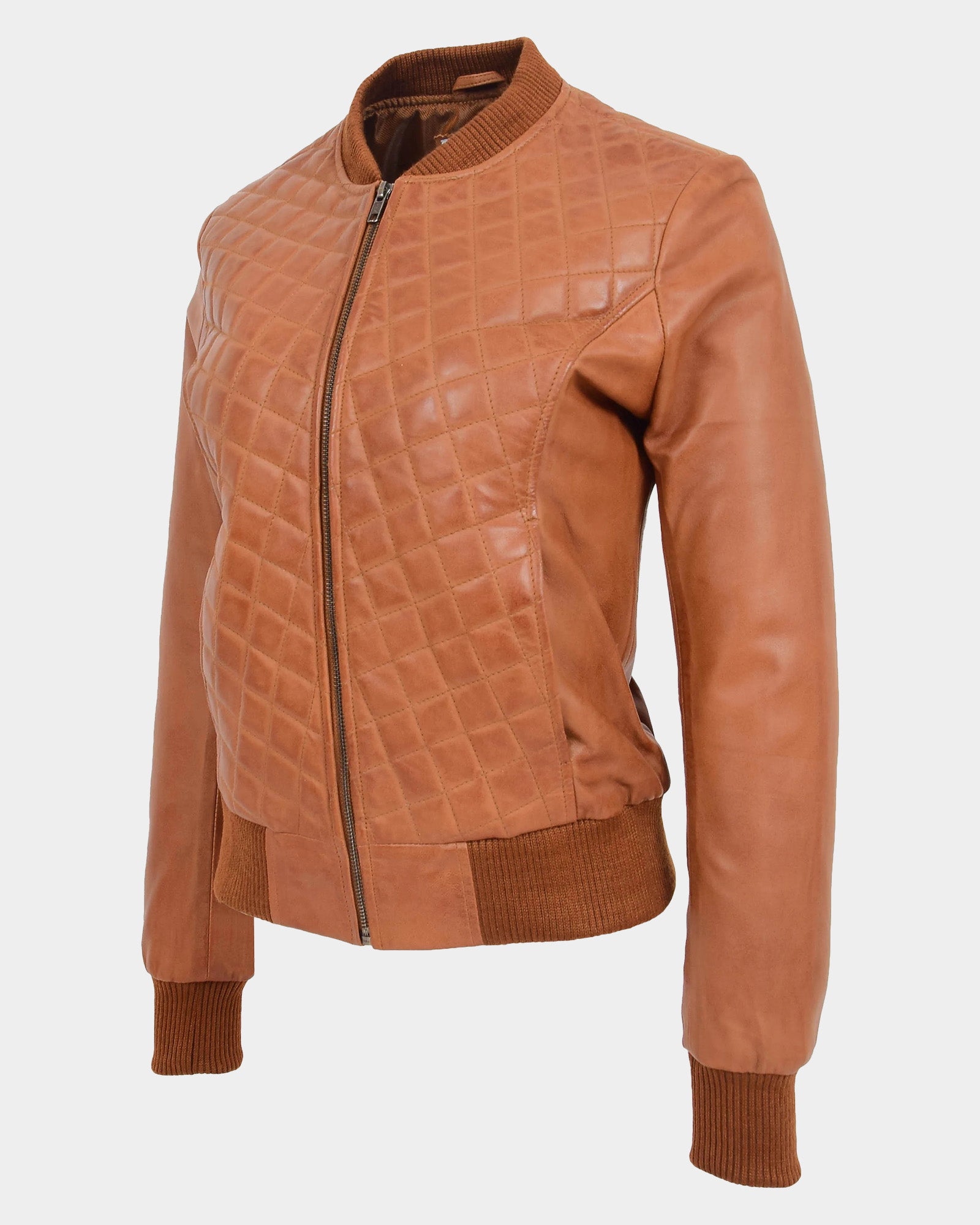 Womens Leather Varsity Quilted Bomber Jacket Dynamo Tan