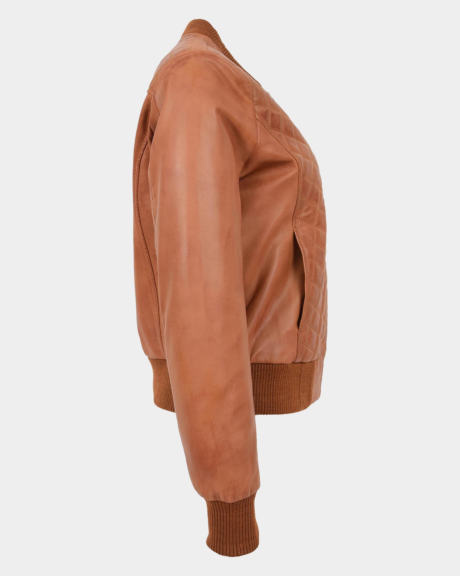 Womens Leather Varsity Quilted Bomber Jacket Dynamo Tan