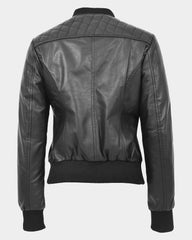 Womens Leather Varsity Quilted Bomber Jacket Nova Black