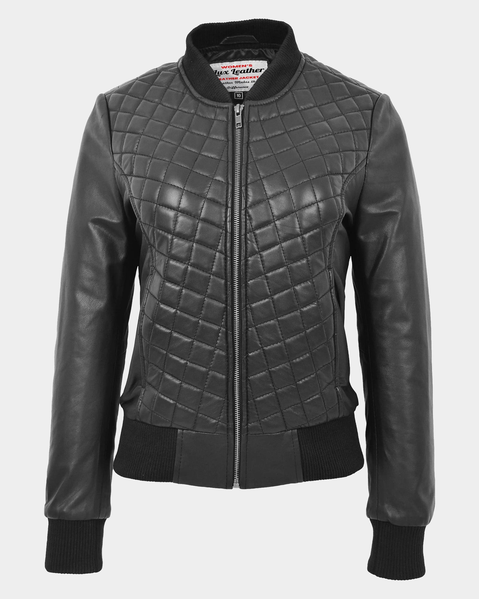 Womens Leather Varsity Quilted Bomber Jacket Nova Black