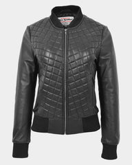 Womens Leather Varsity Quilted Bomber Jacket Nova Black