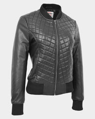 Womens Leather Varsity Quilted Bomber Jacket Nova Black