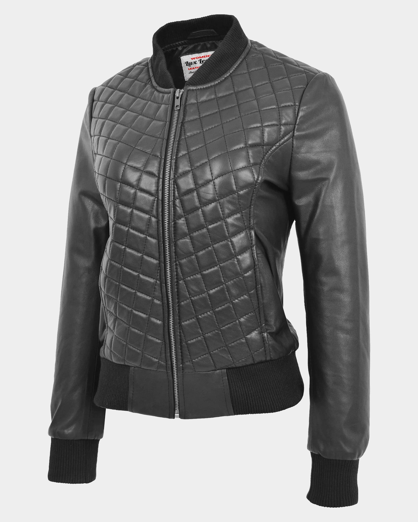 Womens Leather Varsity Quilted Bomber Jacket Nova Black