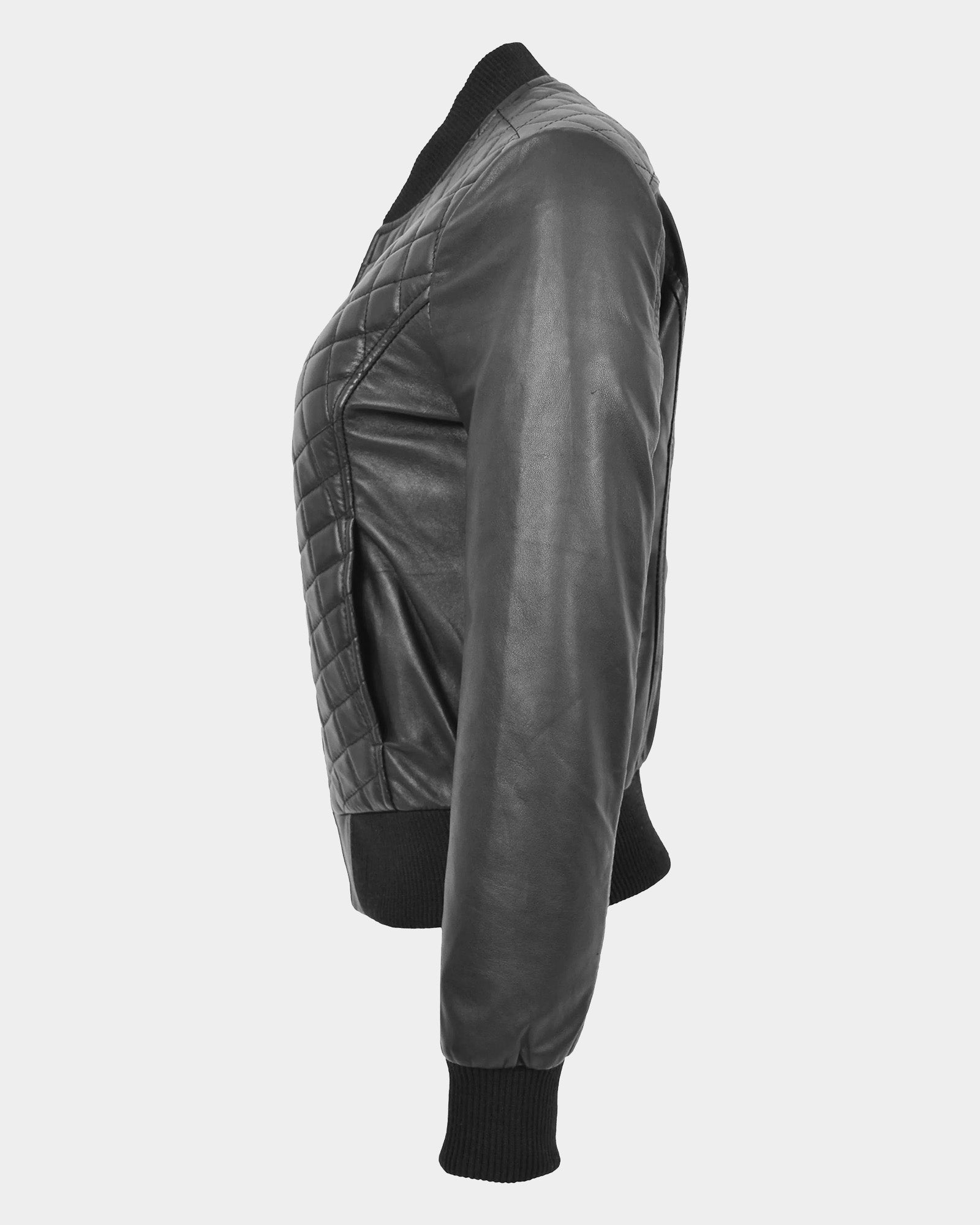 Womens Leather Varsity Quilted Bomber Jacket Nova Black