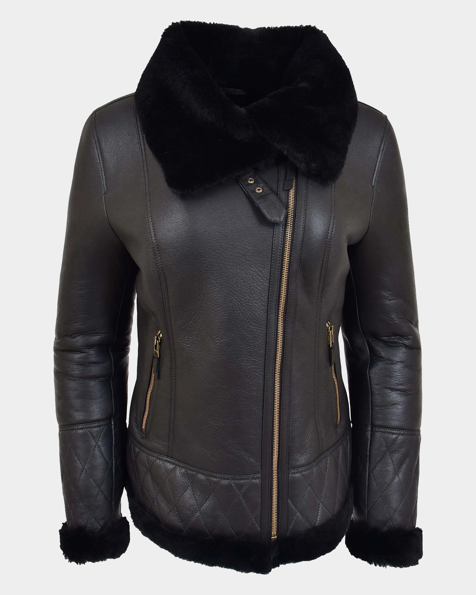 Womens Merino Sheepskin Aviator Jacket Nova Black