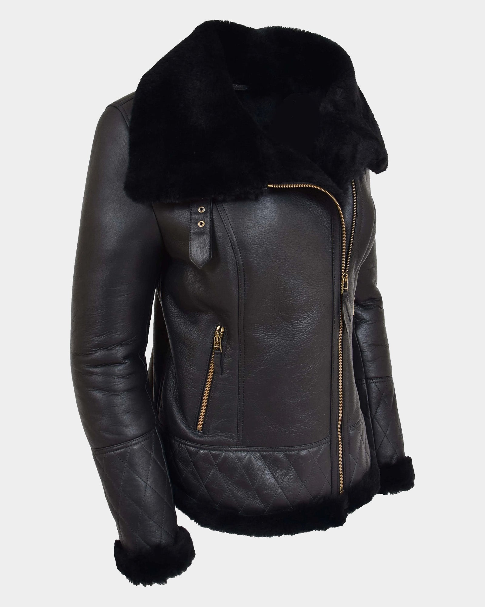 Womens Merino Sheepskin Aviator Jacket Nova Black