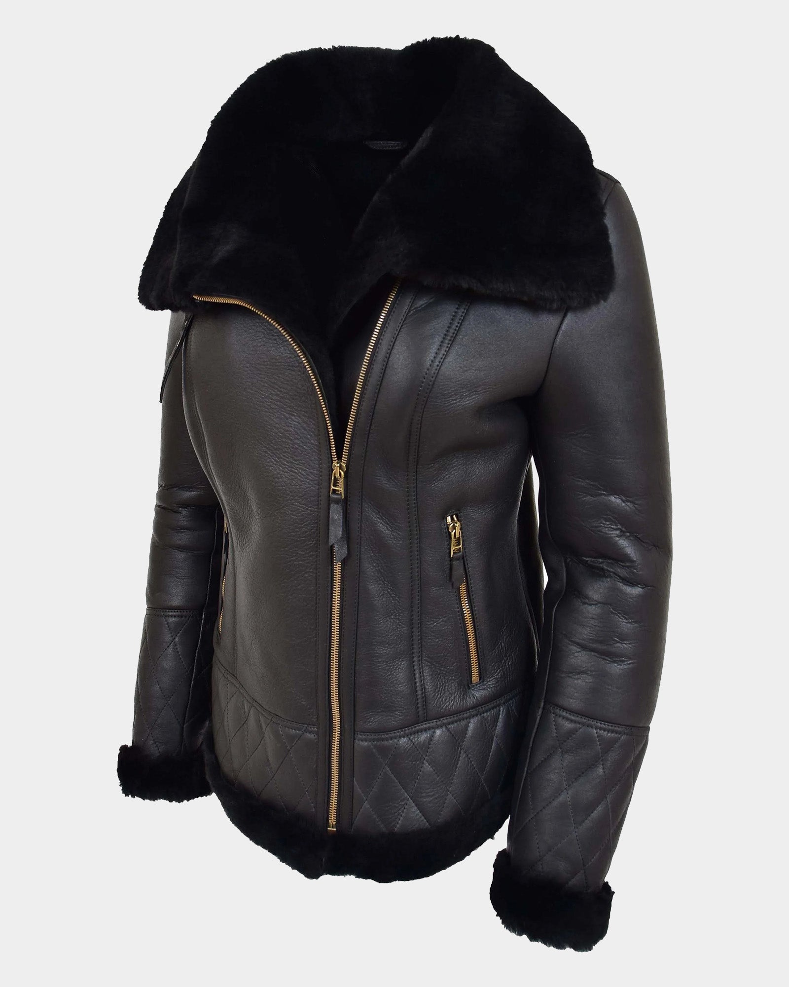 Womens Merino Sheepskin Aviator Jacket Nova Black