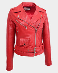 Womens Real Leather Biker Brando Style Jacket Mia Ignite Red