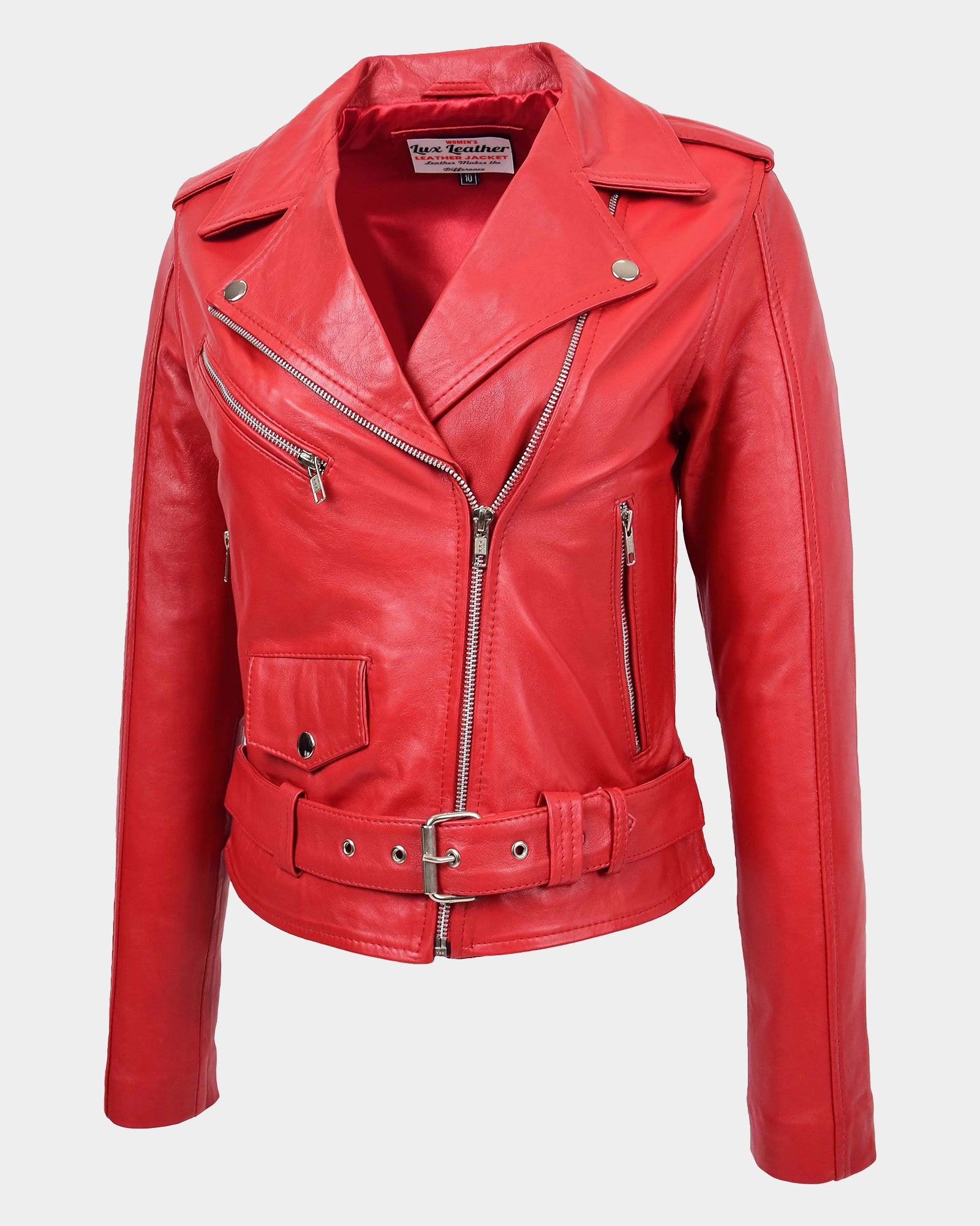 Womens Real Leather Biker Brando Style Jacket Mia Ignite Red