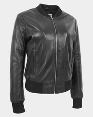 Womens Real Leather Varsity Bomber Jacket Nova Black