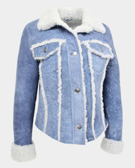 Womens Real Sheepskin Trucker Jacket Kylie Denim Radiant Blue