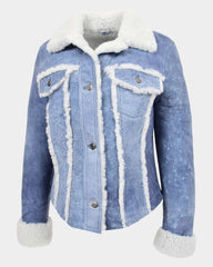 Womens Real Sheepskin Trucker Jacket Kylie Denim Radiant Blue