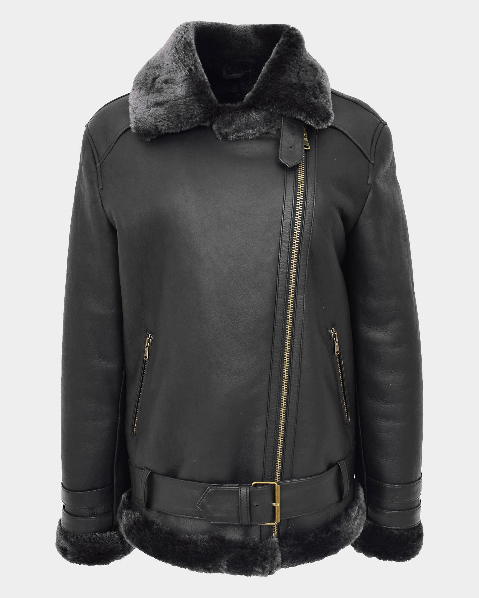 Womens Sheepskin Aviator Cross Zip Pilot Jacket Nova Black