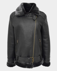 Womens Sheepskin Aviator Cross Zip Pilot Jacket Nova Black