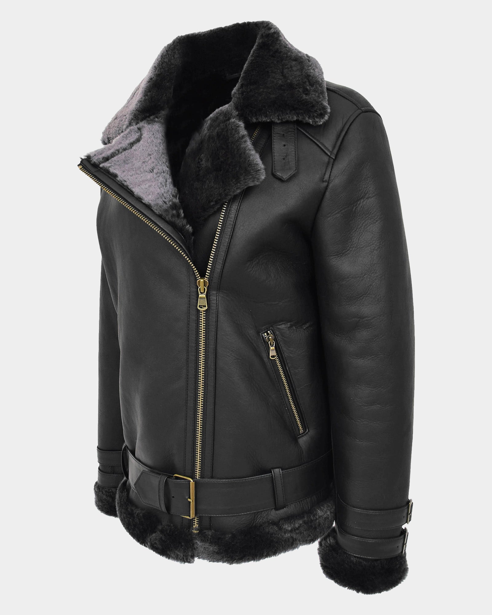 Womens Sheepskin Aviator Cross Zip Pilot Jacket Nova Black