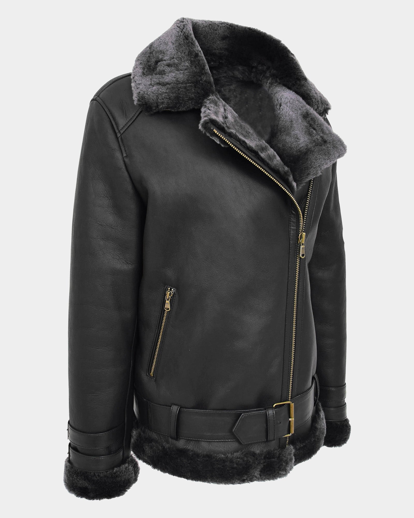 Womens Sheepskin Aviator Cross Zip Pilot Jacket Nova Black
