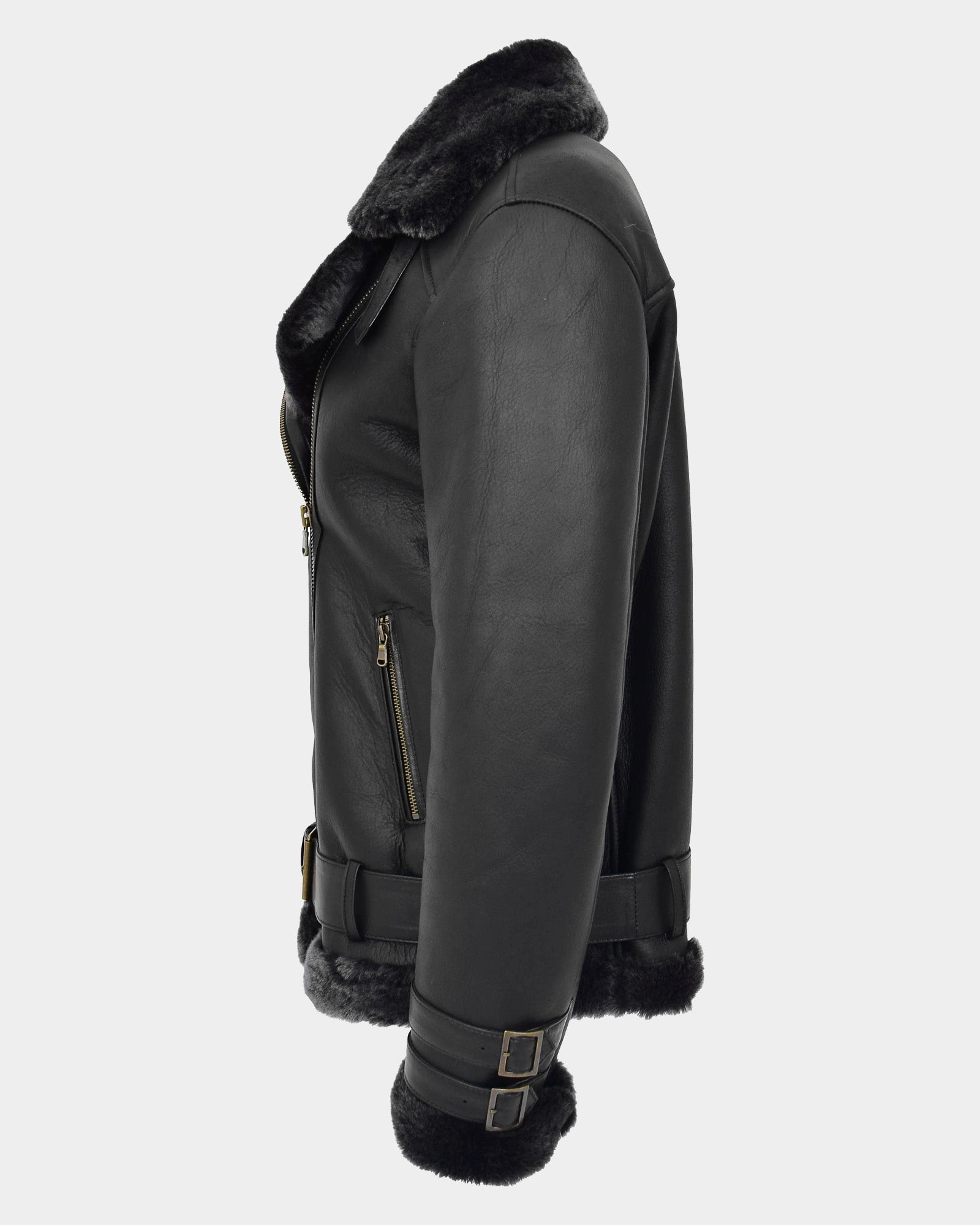 Womens Sheepskin Aviator Cross Zip Pilot Jacket Nova Black