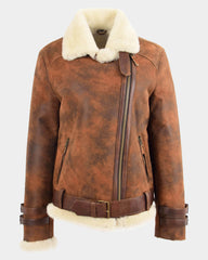 Womens Sheepskin Aviator Cross Zip Pilot Jacket Zenith Vintage Brown