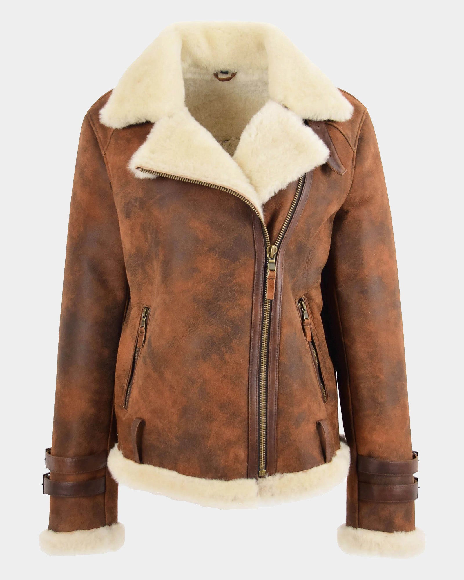 Womens Sheepskin Aviator Cross Zip Pilot Jacket Zenith Vintage Brown