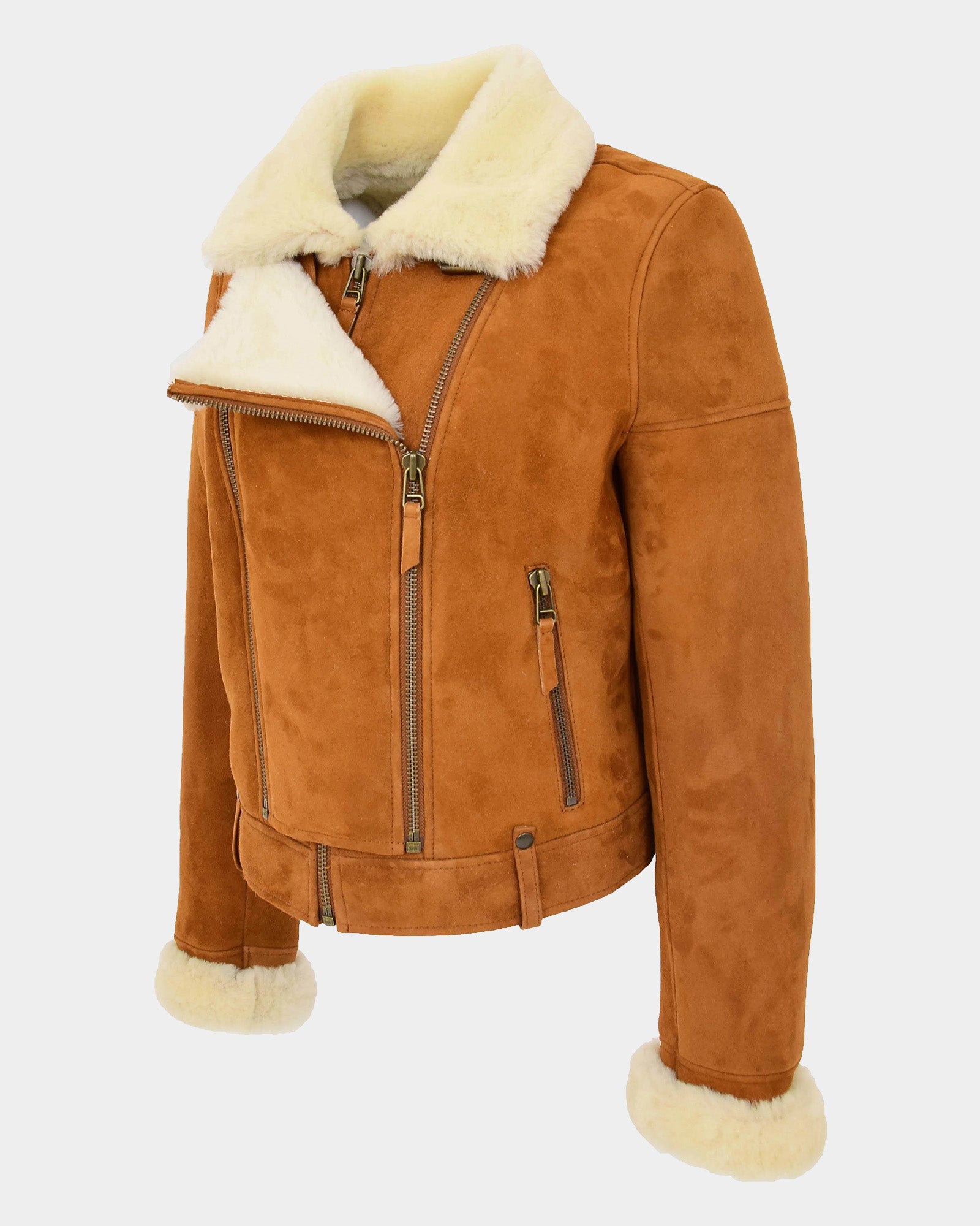 Womens Sheepskin Aviator Pilot Jacket Dynamo Tan White